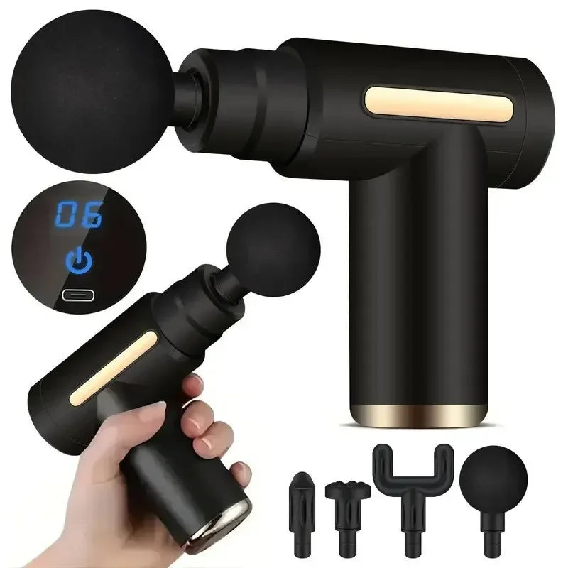 Mini pistolet de massage Lumora noir avec quatre embouts interchangeables