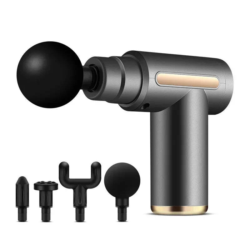Mini pistolet de massage gris avec quatre embouts interchangeables