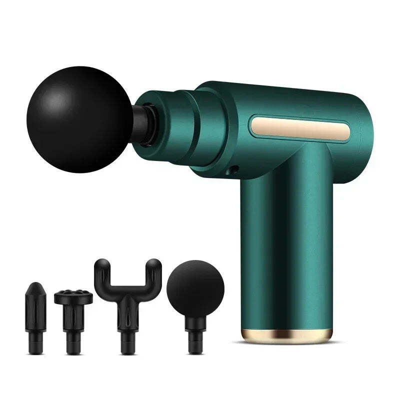 Mini pistolet de massage vert avec quatre embouts interchangeables